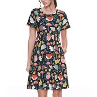 Pevtufa Autumn Fox Owl Print Women's Short Sleeve Dresses Casual T-Shirt Dresses for Work,Trave