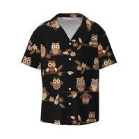 Cute Brown Cartoon Owls Print Men's Hawaiian Softness Shirts Short Sleeve Button Down Cuban Col