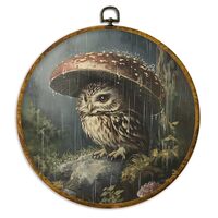 XPH Dark Cottagecore Mushroom Owl Round Wall Art Framed, Moody Goblincore Whimsical Owl Circle Wall 
