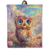 SIUKUS Fantasy Owl Flower Flannel Throw Blanket for Picnic Travel Camping,Magical Rainbow Sky and Bu