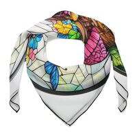 Stained Glass Owl Wearing Pink Hat Women Hair Scarf Square Silk Like Head Scarves Handkerchief Satin