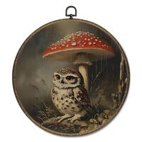 OINDADE Cottagecore Owl Mushroom Round Wall Art Decor, Dark Academia Moody Owl Wall Art Hanging Deco