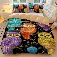 Gemstone Owl Starry Night Duvet Cover Set - Abstract Art Microfiber Bedding, Fantasy Starry Sky Bedr