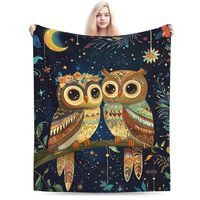 Boho Owl Blanket – Whimsical Starry Night Throw with Floral, Cozy Flannel Gift for Women &