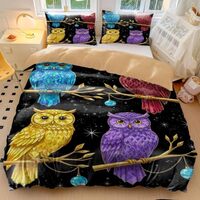Gemstone Owl Starry Night Duvet Cover - Microfiber 3D Owl Bedroom Decor Quilt Set for Girls (3,Queen