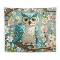 HETVBNS Owl Spring Flowers Turquoise Tapestry Wall Hanging, Vintage Tapestries Home Decor Hanging To