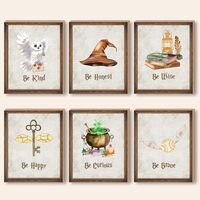 Vintage Magical Girls Room Wall Art Prints Decor,Wizard Owl Magic Book Magic Key Magic Hat Magic Bal