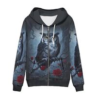 Irisjudy Darkness Forest Owl Womens Plus Size Casual Sweatshirt Thorn Red Rose Long Sleeve Tops Zip 