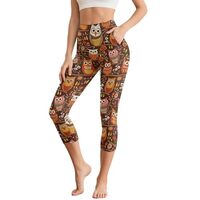 Frestree Cute Owl Womens Capri Leggings with Pockets, Casual Brown Cartoon Owl Flower Women's T