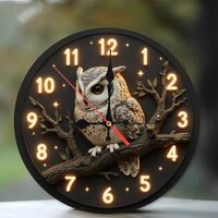 Vintage Owl Wall Clock with LED Lighting Design10-Inch Wooden Wall Clock, Silent Movement, Battery O