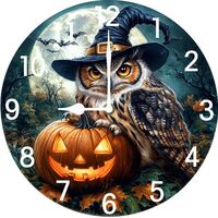 Soliyoahee Halloween Owl Wall Clock 10inch Wooden Round Clock Halloween Decoration Silent No Tick Ba