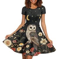 POLERO Owl Floral Womens Summer Dresses Vintage Short Sleeve Midi Sundress Fit and Flare Swing Skate