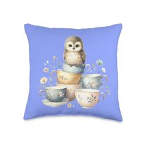 Cute Owl Illustration with Stacked Vintage Teacups Throw Pillow