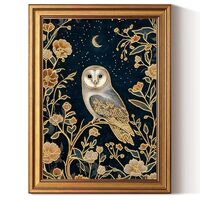 InSimSea Gold Framed Canvas Prints Wall Art, 3D Embossed Vintage Decor, Owl in Enchanted Forest Aest