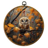 XPH Rustic Fall Forest Owl Round Wall Art Framed, Farmhouse Autumn Maple Leaf Owl Circle Wall Decor,