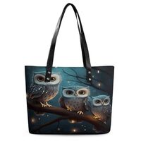 Owl on Tree Tote Bag Large Soft Leather Purse with Zipper Lightweight Ladies Shoulder Handbag