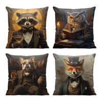 LYPHJM Funny Animals Pillow Covers 18x18 Inch Set of 4 Retro Cute Fox Owl Dog Raccoon Decorative Thr