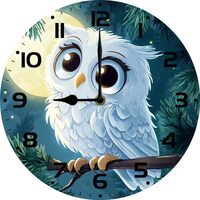 Soliyoahee Cute Owl Wall Clock Kawaii Owl Big Eyes Cartoon Animal 10inch Round Wooden Silent No Tick