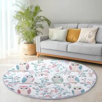 Round Area Rug White Print, 3 ft Circle Rug Carpet Non Slip, Watercolor Plant Owl Washable Stain Res