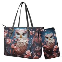 Nittanovaca Owl Lily Printed Tote Handbag Shoulder Bag,Leather Tote Bag with Wristlet Wallet Set for