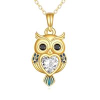 DOVRAN 14K Solid Gold Owl Necklace for Women Real Yellow Gold Cubic Zirconia Owl Pendant Animal Jewe