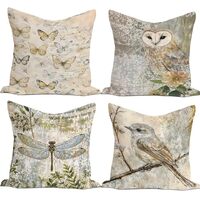 Rusenbao Vintage Owl Bird Throw Pillow Covers 18x18 Inch Set of 4, Rustic Classical Cottagecore Vint