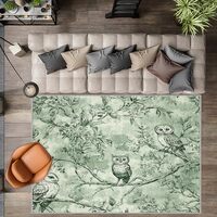 Green Toile de Jouy Washable Rugs Owl on a Branch Area Rug for Living Room Bedroom, Print Pattern No