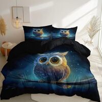 Duvet Cover Cute Starry Sky Owls Print, Black Reversible Quilt Cover with Zipper Ties for Adult Wome