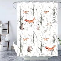 Woodland Animals Shower Curtain - Bear, Fox, Hedgehog, Owl & Rabbit Print on White Background, C