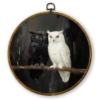 QZQE Gothic Moody Couple Owl Round Wall Art Decor Framed, Dark Academia Owl Circle Canvas Prints, Da
