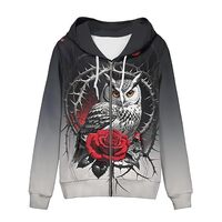 Irisjudy Thorn Rose Owl Womens Hooded Jacket Full Zip up Hoodies with Pocket, Gothic Forest Owl Nigh