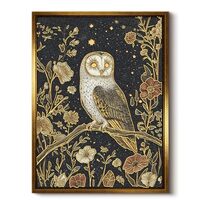 Embossed Gold Foil Lines Owl Bird Framed Canvas Wall Art, 12x16 Nature Animal Floral Print Sandstone