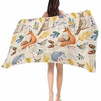 NITBANLA Beach Towel, Thanksgiving Cute Fox Hedgehog Owl on Retro Microfiber Oversized Lightweight B
