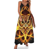 Maxi Dress for Women, Soft Casual Long Ankle-Length Sundress, Satanic Pentagram Fire Flame Owl Art N