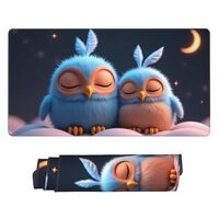 Large Gaming Mouse Pad - Cute Blue Owl Print Desk Mat with Stitched Edges, Rubber Base Desk Pad, Mou