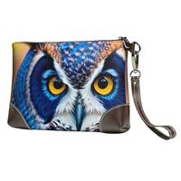 Blue Owl Print Genuine Leather Wristlet Clutch Wallet Purse Handbag Cell Phone Pocket for Women