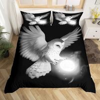 Homewish White Owl Bedding Sets Full Size,Moonlight Night Duvet Cover Set 3Pcs for Kids Girls Boys A