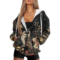 YECARYPOD Owl Floral Full Zip Hoodies for Women Teen Girls Y2K Hoodies Casual Long Sleeve Drawstring