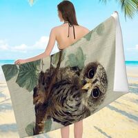 Creowell Oversized Beach Towel for Women, Owl Branch Leaves Print, Quick Dry Microfiber, Machine Was
