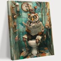 Funny Steampunk Owl Bathroom Wall Art – Owl Reading Newspaper on Toilet – Quirky Animal 