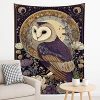 Barn Owl Tapestry, Violet Floral Bohemian Wall Art, Enchanted Tapestries Aesthetic for Living Room, 