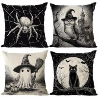 YeeJu Set of 4 Halloween Pillow Covers 12x12 Inch Spooky Ghost Cat Owl Spider Throw Pillow Covers Bl