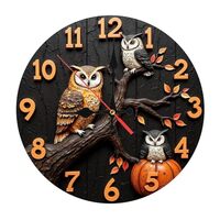 10-Inch Silent Wooden Wall Clock, Owls Clock Autumn Leaves Pumpkin ” Silent Non-Ticking Clock,