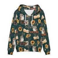 WELLFLYHOM Owl Full Zip Hoodies for Women Lightweight Sweatshirt Book Sunflower Graphic Athletic Jac