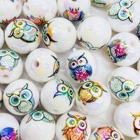 50Pcs Owl Animal Acrylic Printed Beads 16mm, Round Owl Spacer Beads, Loose Bubblegum Plastic Bead, L