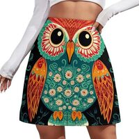 Versatile Mini Skirt Ethnic Owl, Summer Lightweight High Waisted Skirts for Women, Casual Double Lay