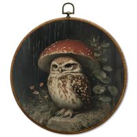 JUIOEIU Nature Forest Mushroom Owl Round Wall Decor, Dark Cottagecore Rainy Day Owl Mushroom Framed