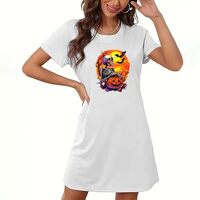Halloween Print T Shirt Dress for Women Pumpkin Owl Graphic Casual Short Sleeve Tunic Dress Fall Hol