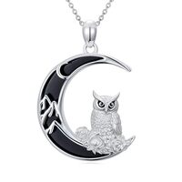 HPQQ Gothic Owl Necklace for Women Sterling Silver Black Onyx Neckalces Crescent Moon Pendant Black 