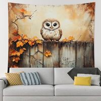 Fall Owl Bird Tapestry Wall Hanging, Autumn Wooden Fence Tapestry for Bedroom Men Women Boy Girl, Sm